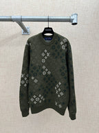 Long-sleeve knit sweater in dark green with all-over logo pattern and crew neck