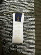 Inside neck label on green knit sweater with material percentages and Made in Italy