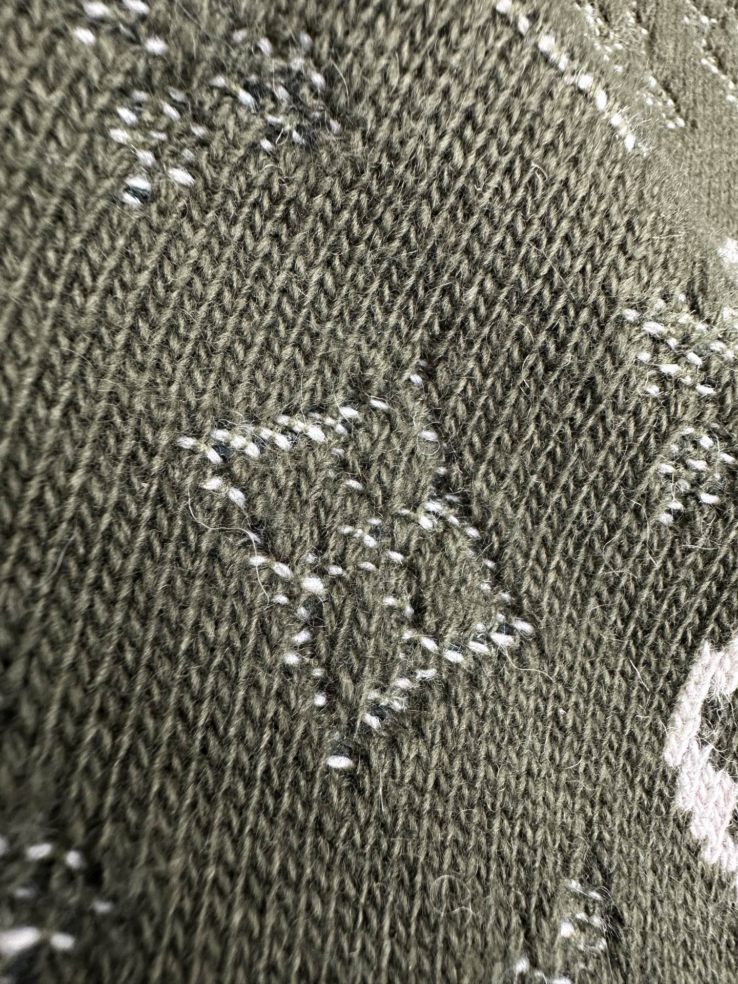 Close-up of dark green knit sweater texture with small white logo elements