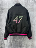 Dior black bomber jacket back with 47 graphic and pink-striped ribbed hem cuffs
