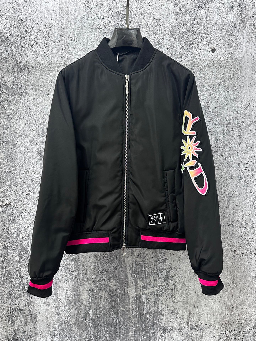 Dior black bomber jacket with front zip, ribbed cuffs, pink stripes, 47 logo patch