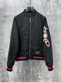 Dior black bomber jacket with front zip, ribbed cuffs, pink stripes, 47 logo patch