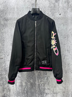 Dior black bomber jacket with front zip, ribbed cuffs, pink stripes, 47 logo patch