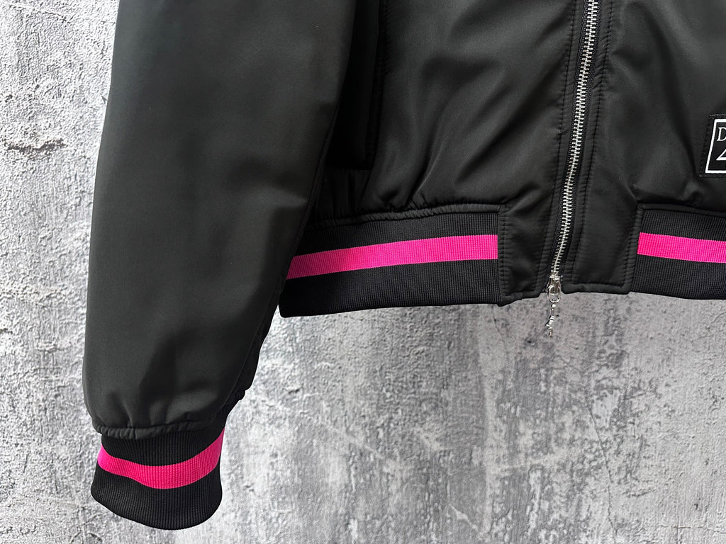 Dior black bomber jacket with pink waistband stripe and front zip section