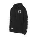 Black long-sleeve pullover hoodie with drawstring hood and front chest logo graphic
