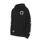 Black long-sleeve pullover hoodie with drawstring hood and front chest logo graphic