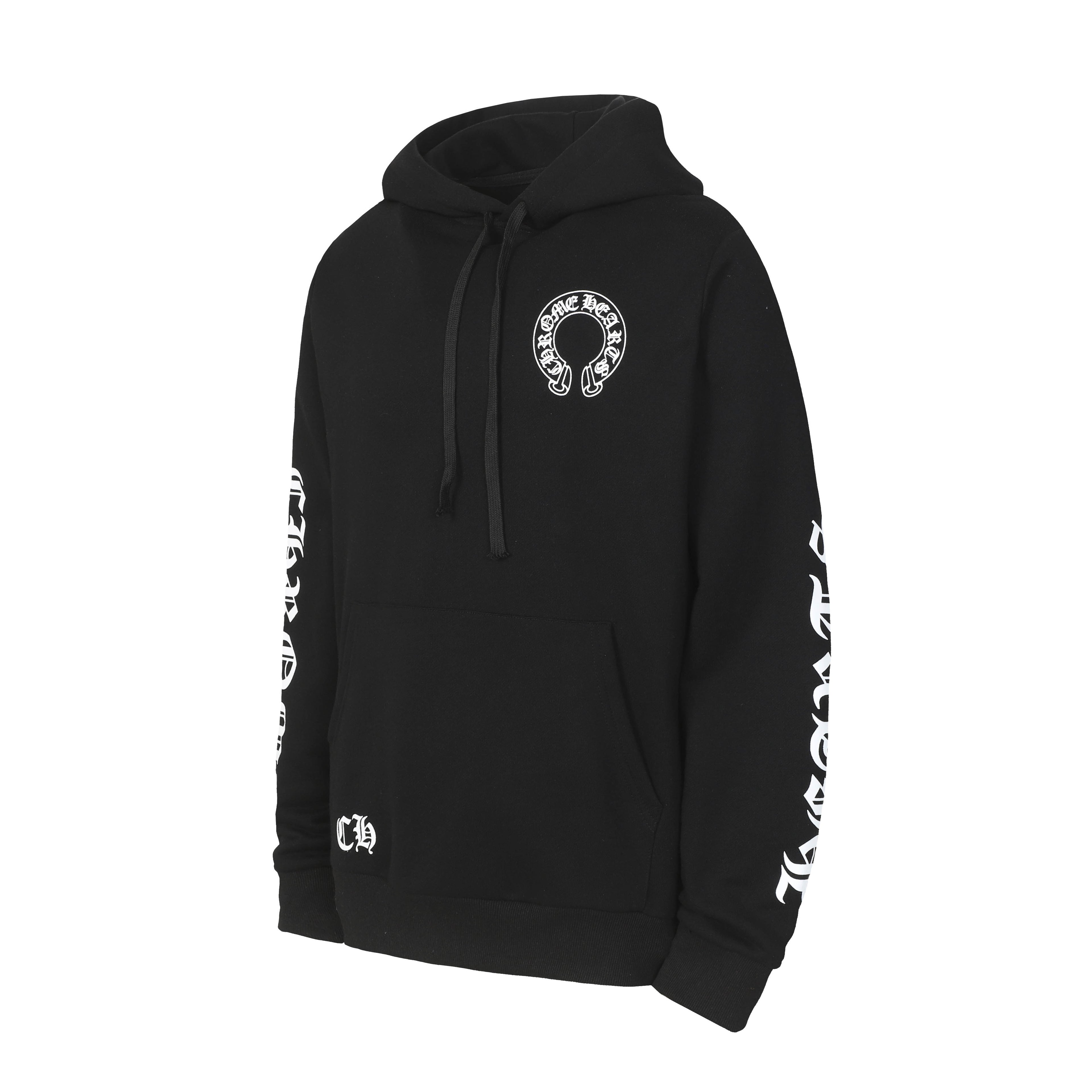 Black long-sleeve pullover hoodie with drawstring hood and front chest logo graphic