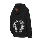Black pullover hoodie with large back circular logo and small red lip icon