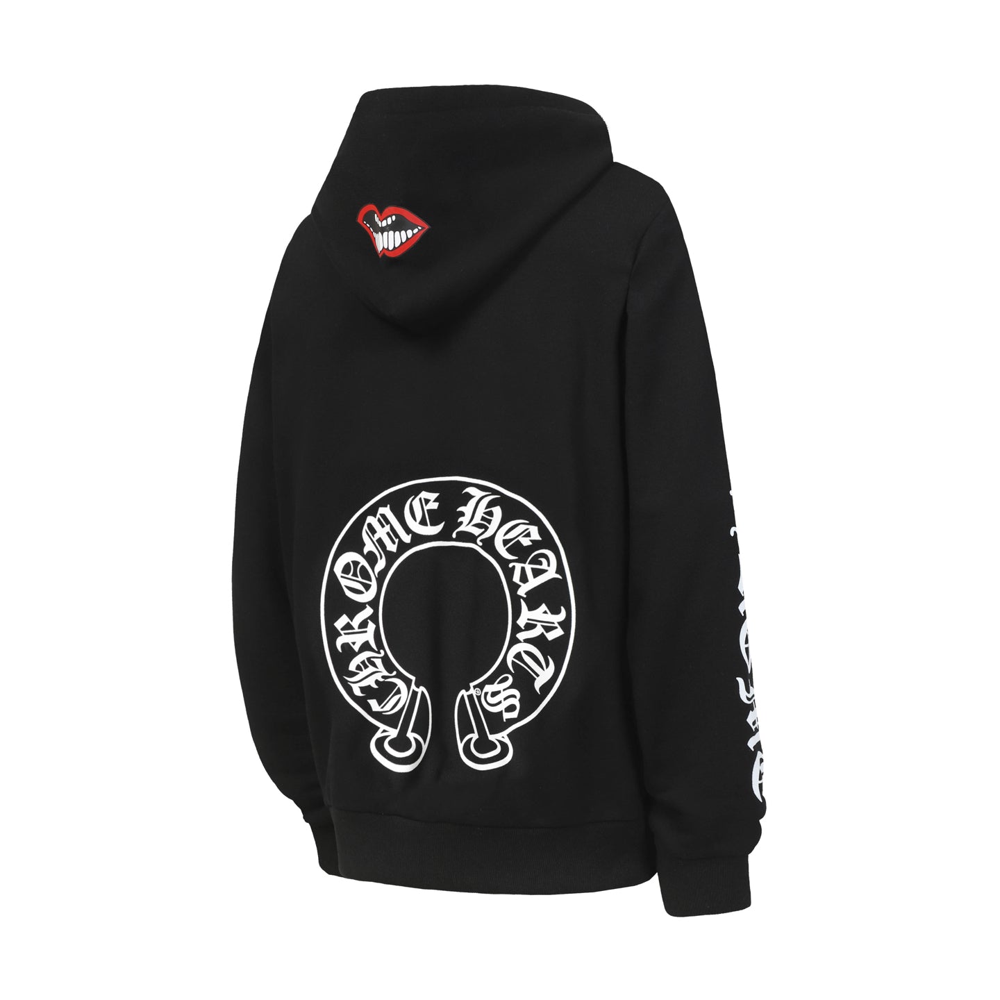 Black pullover hoodie with large back circular logo and small red lip icon