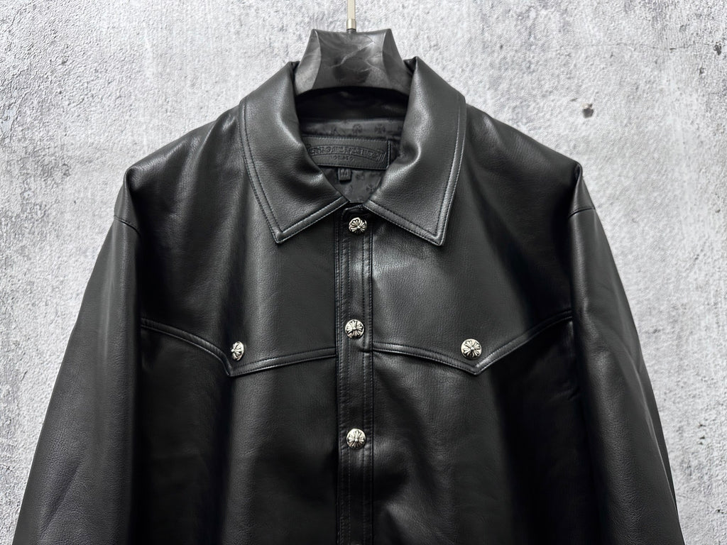 Dark leather jacket front view with button placket and chest yoke details.