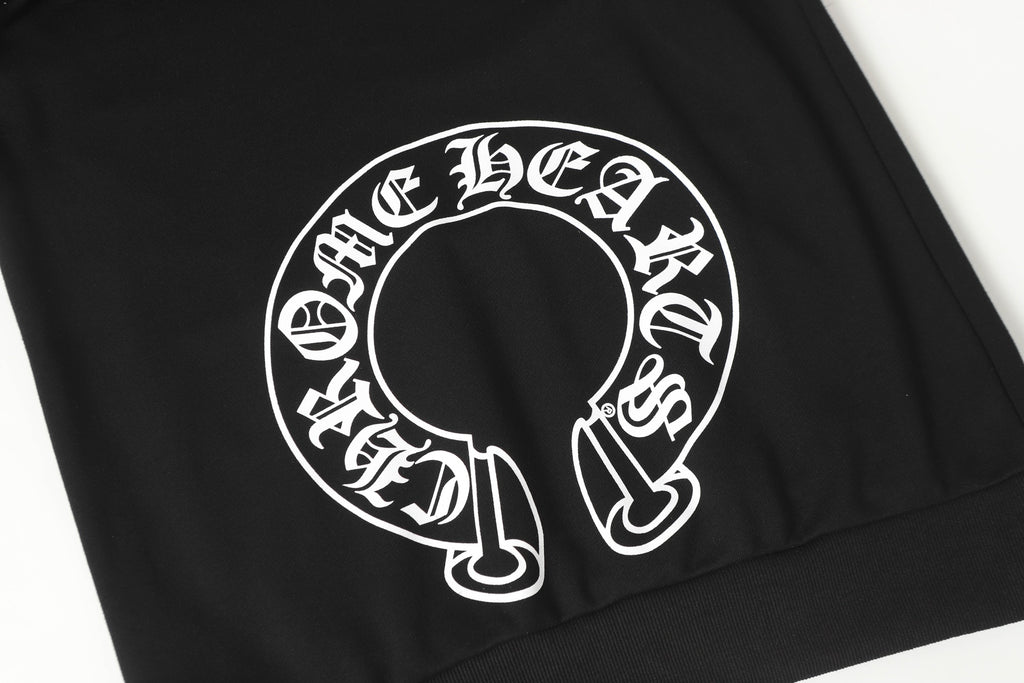 Black hoodie front panel with large circular white logo graphic