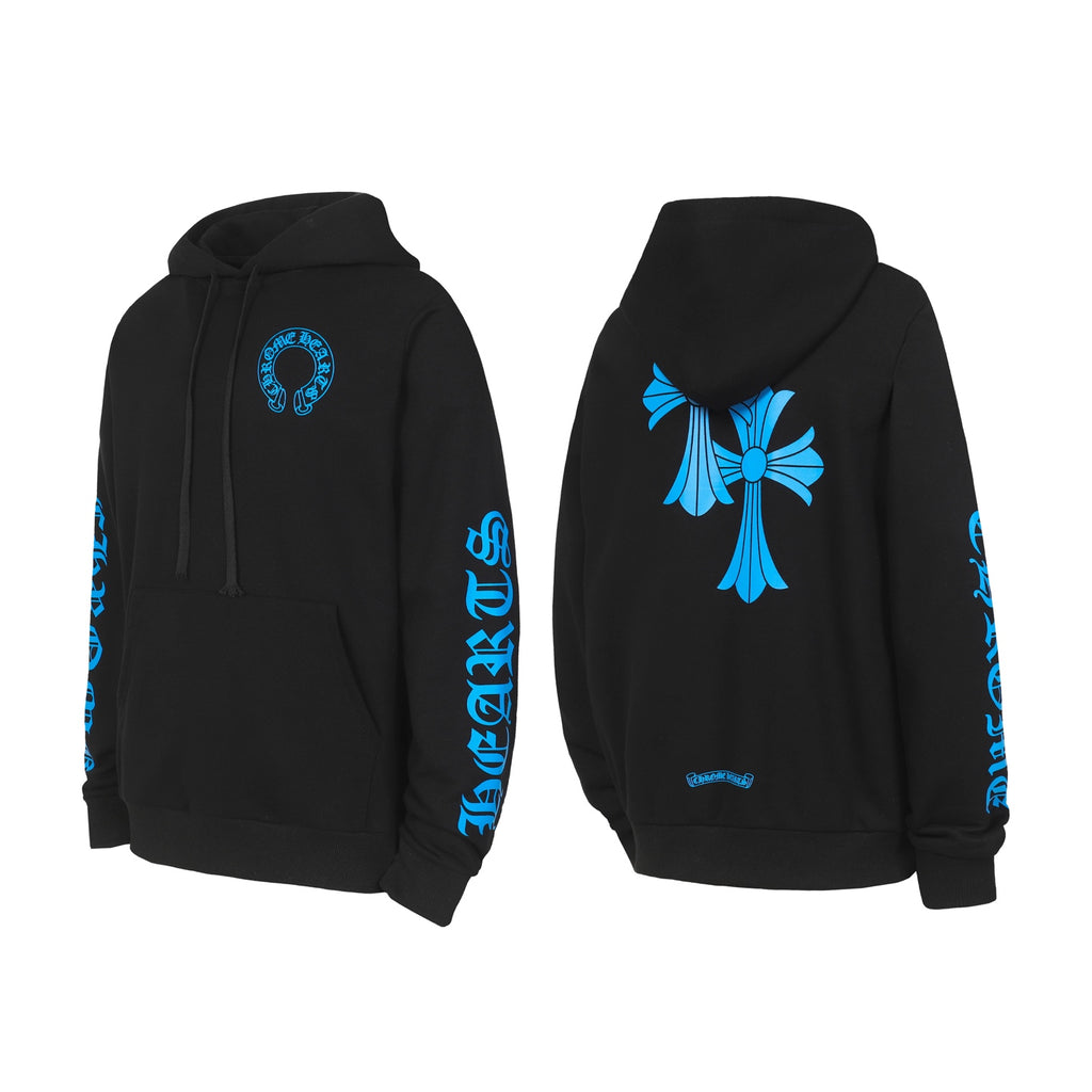 Black long-sleeve hoodie with blue circular chest logo, hood with drawstrings, kangaroo pocket