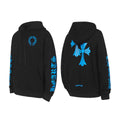 Black long-sleeve hoodie with blue circular chest logo, hood with drawstrings, kangaroo pocket