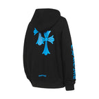 Black long-sleeve hoodie back with large blue bow graphic and small blue emblem near hem