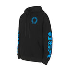 Black long-sleeve hoodie, back graphic with blue bow cross, blue sleeve text, hooded