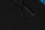 Black hoodie drawstring with woven texture and tassel close-up