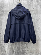 Long hooded jacket, rear view with adjustable hood and full zipper, dark navy blue.