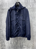 Long hooded jacket with full zipper and front pockets, dark navy blue.