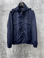 Long hooded jacket with full zipper and front pockets, dark navy blue.