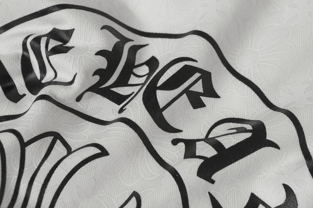 White zip-up hoodie fabric with large black gothic logo print