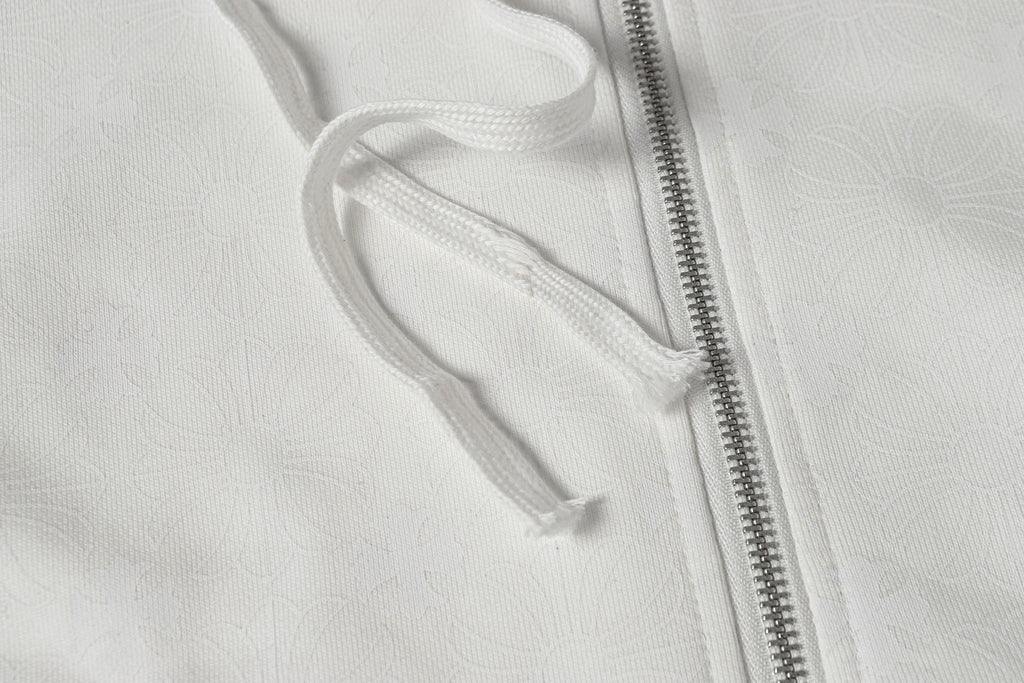 Chrome long hoodie front drawstring and zipper area close-up