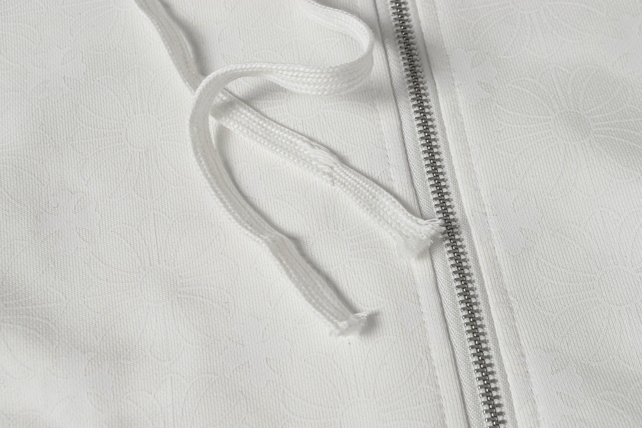 Chrome long hoodie front drawstring and zipper area close-up