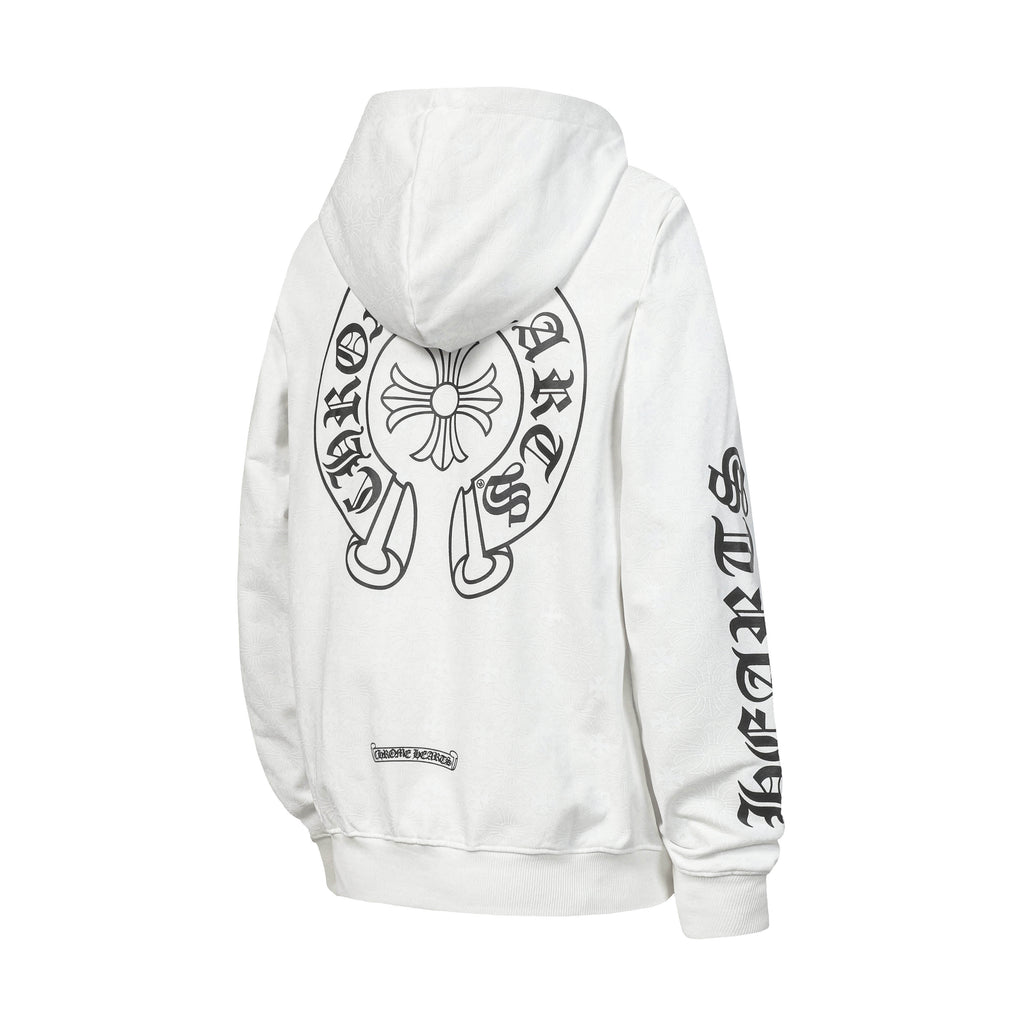 Chrome long hoodie, white with large back graphic and long sleeve text print