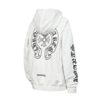 Chrome long hoodie, white with large back graphic and long sleeve text print