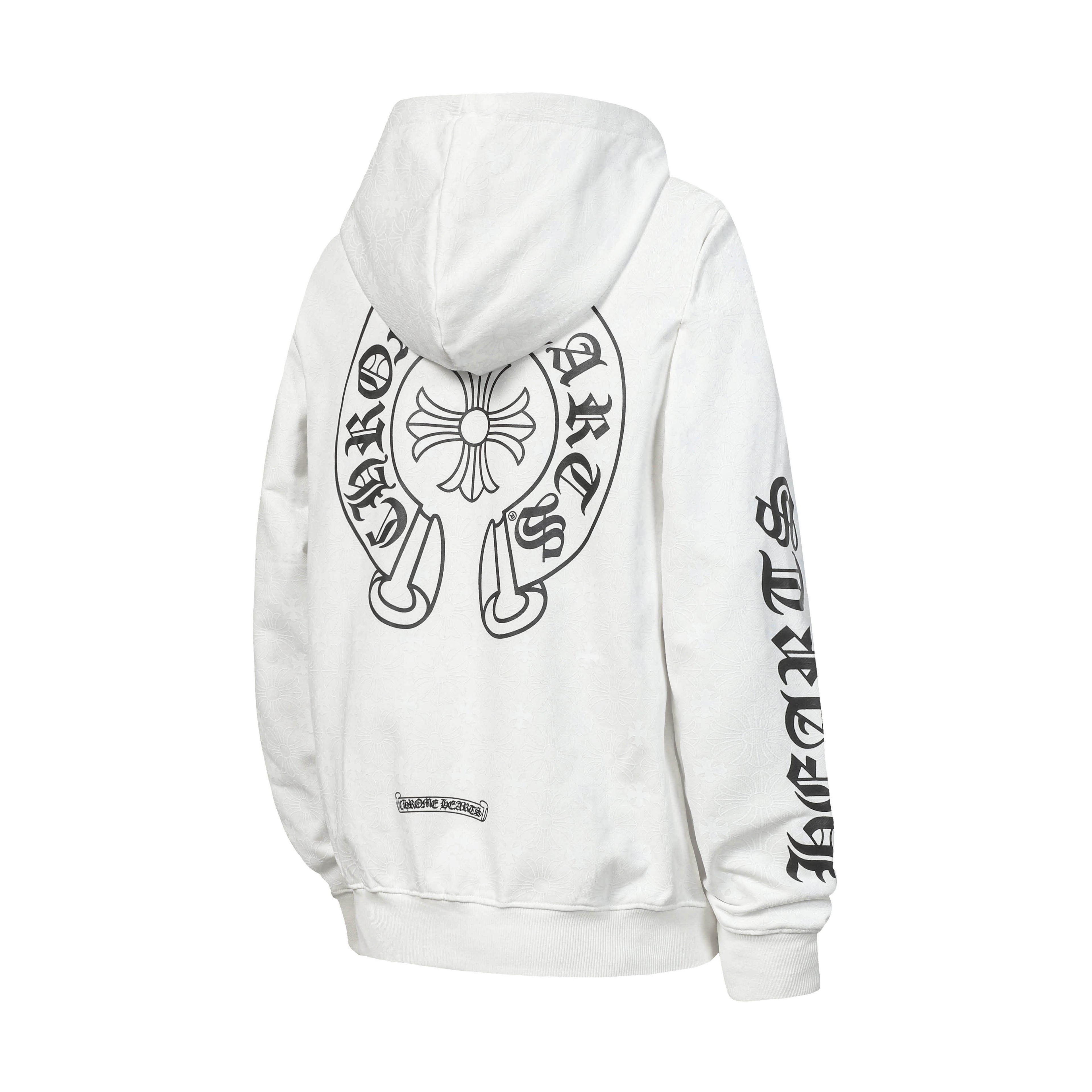 Chrome long hoodie, white with large back graphic and long sleeve text print