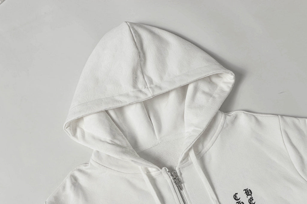 Chrome long hoodie hood close-up with drawstring and front zipper seam