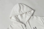 Chrome long hoodie hood close-up with drawstring and front zipper seam