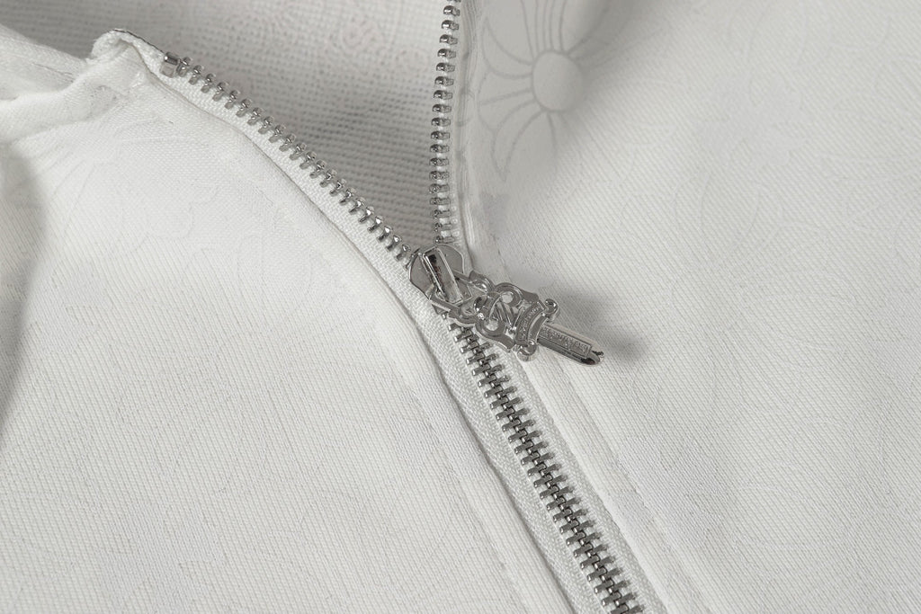 Chrome long hoodie front zipper close-up with metal teeth and top stop