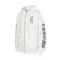 Chrome long hoodie, white zip-up with hood and drawstring ties