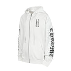 Chrome long hoodie, white zip-up with hood and drawstring ties