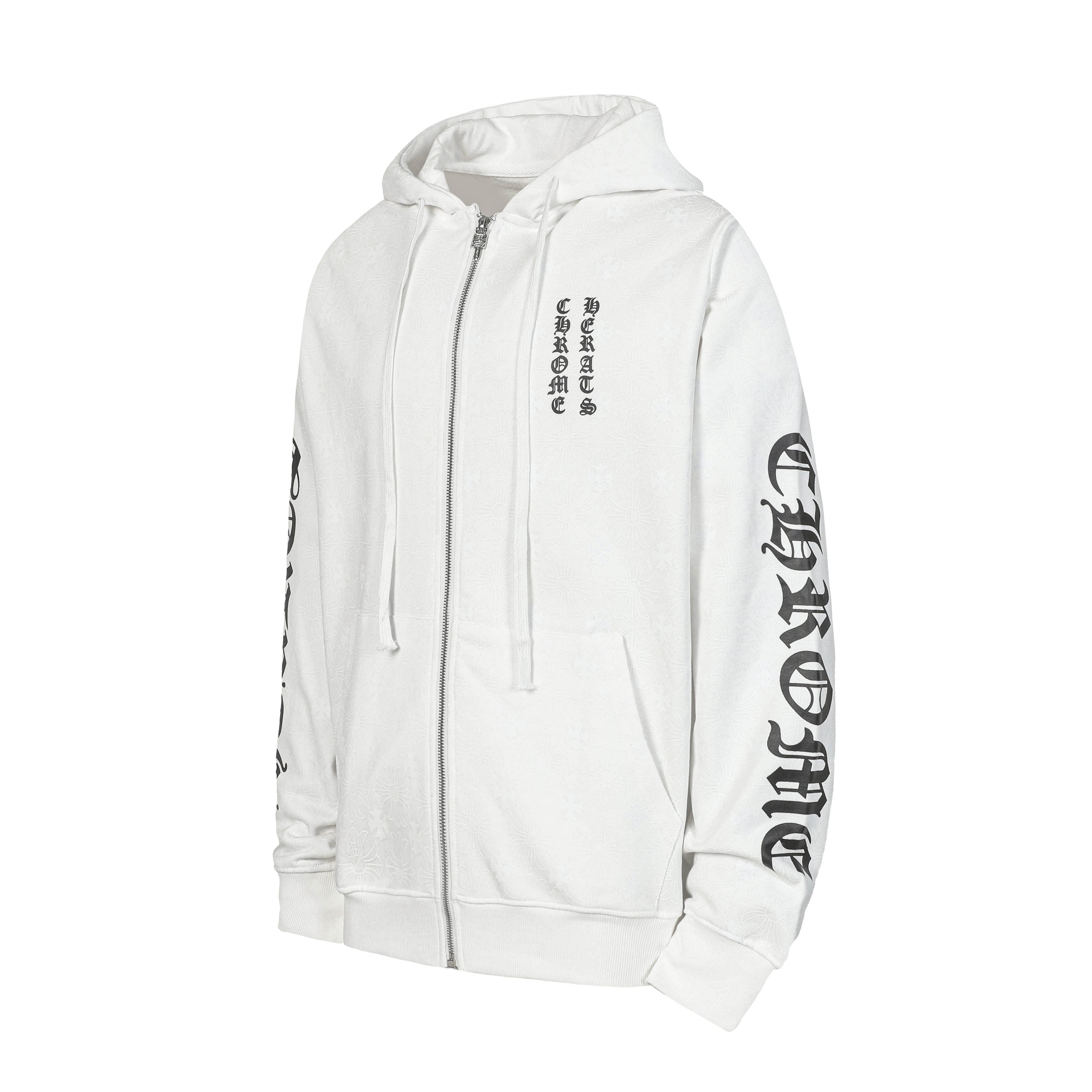 Chrome long hoodie, white zip-up with hood and drawstring ties