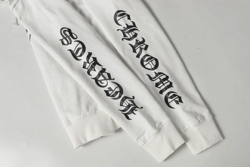 Chrome long hoodie sleeve graphic text print on white fabric