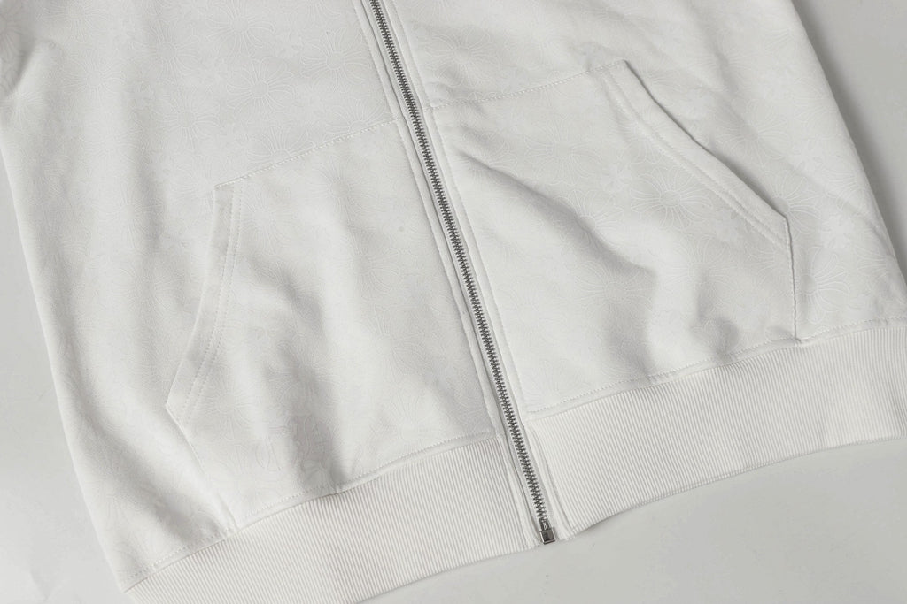Chrome long hoodie front view with full-length zipper and pocket seams