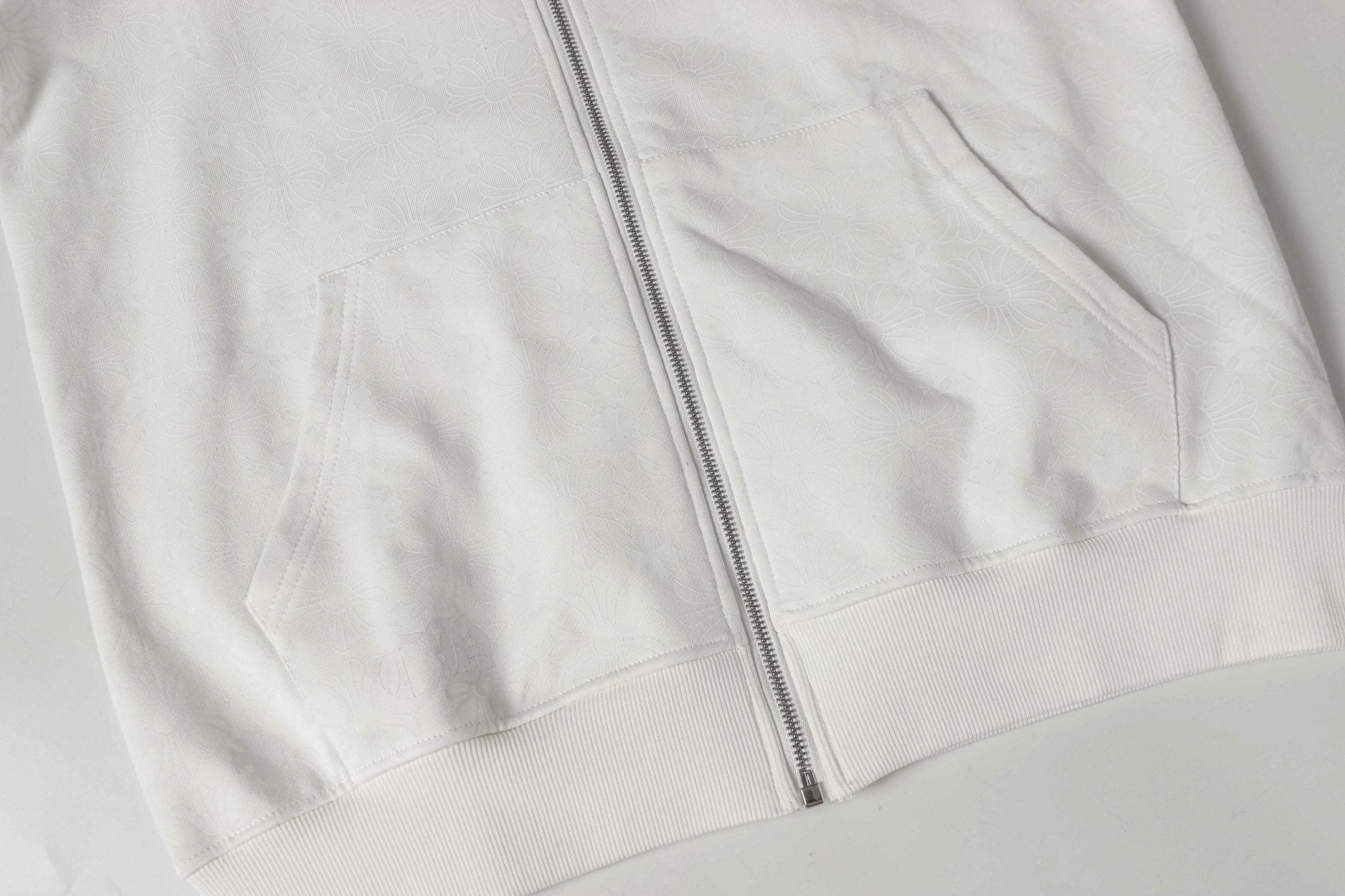 Chrome long hoodie front view with full-length zipper and pocket seams
