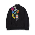 Black jacket back with colorful stitched patches and logo emblems