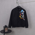 Stussy black bomber jacket, chest patch graphics on button-front
