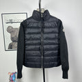 Moncler long puffer jacket with full-zip front and stand collar, dark padded body