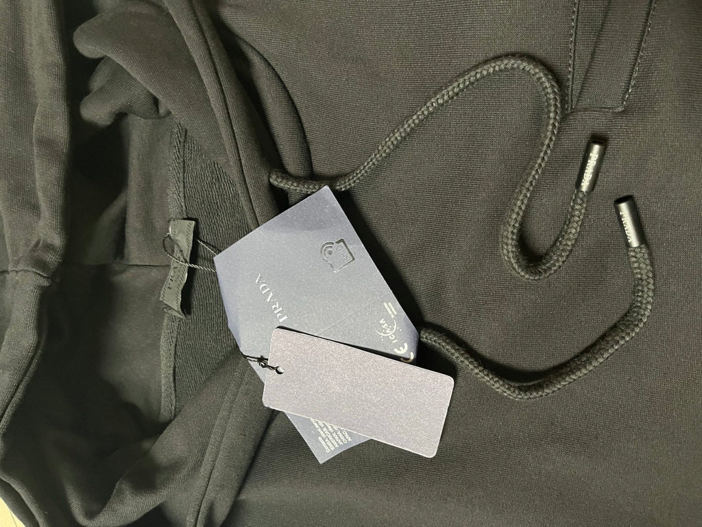 Prada long drawstring hoodie in dark gray with metal-tipped cords