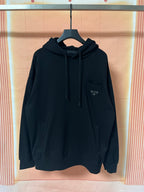 Prada dark hoodie with hood, drawstrings, and front kangaroo pocket