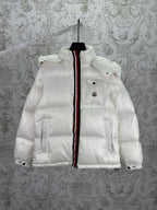 White long puffer jacket with front zip, hood, and red-and-black trim stripe