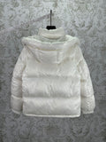 White long puffer jacket with attached hood and padded back