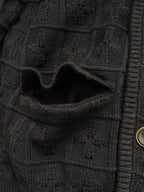 Black knit cardigan pocket detail with rib trim and stitched flap