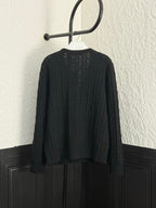 Back of black knit cardigan with button placket and structured yoke