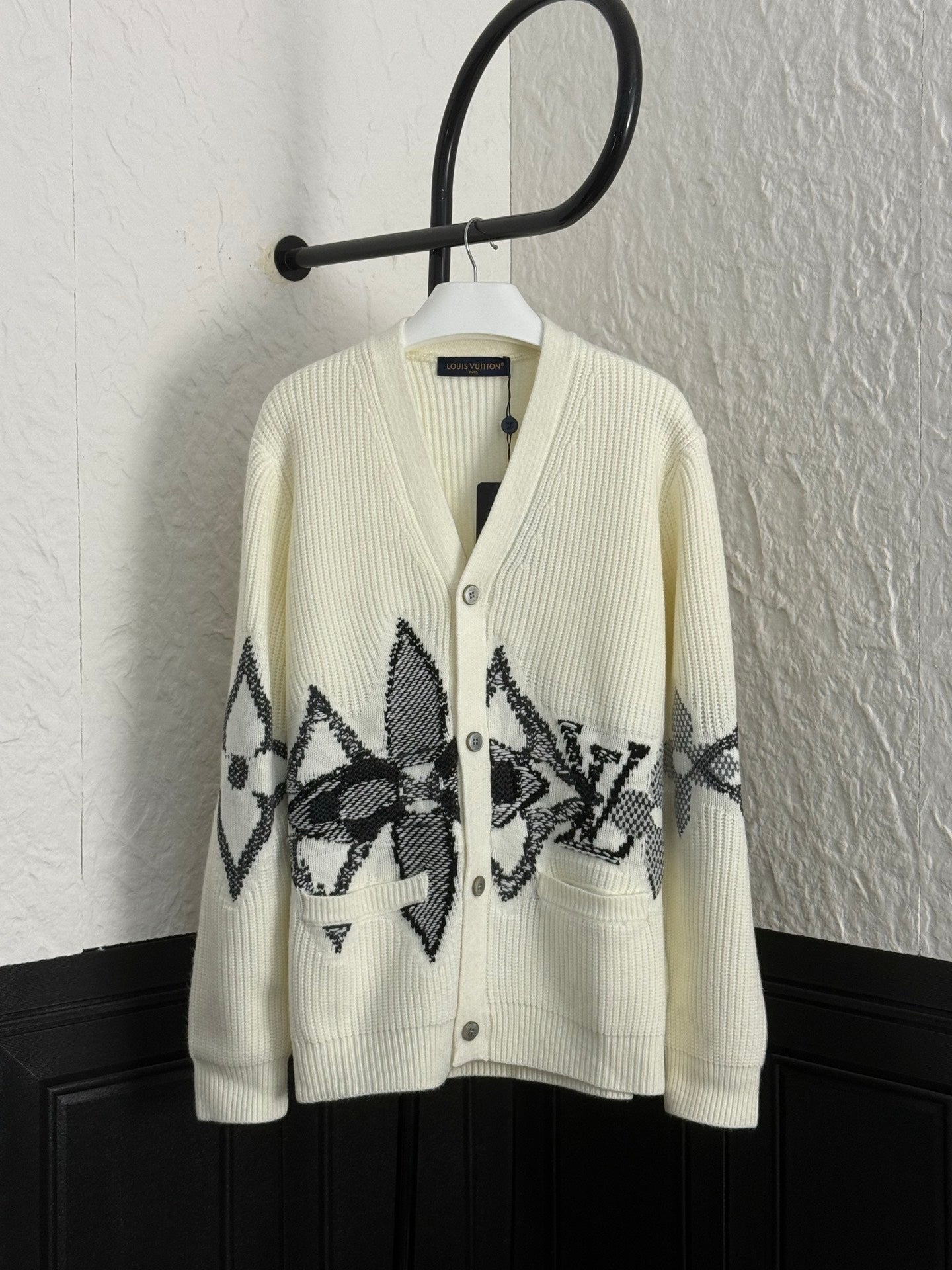 Louis Vuitton rib-knit cardigan in cream with black geometric star graphic panels