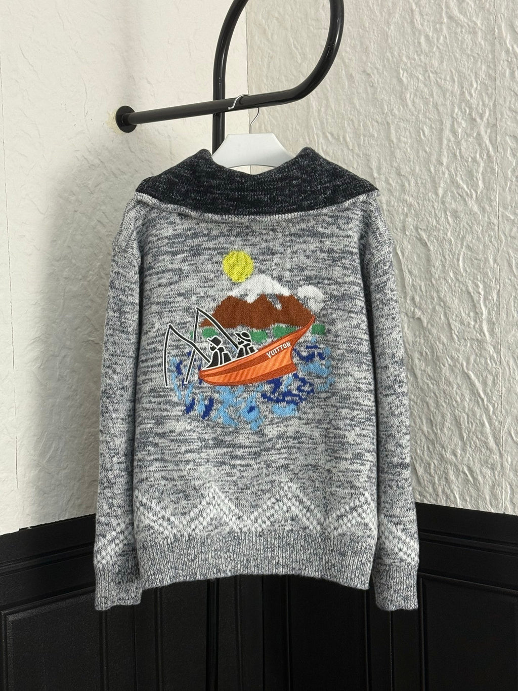Louis Vuitton grey knit sweater with colorful front graphic and long sleeves