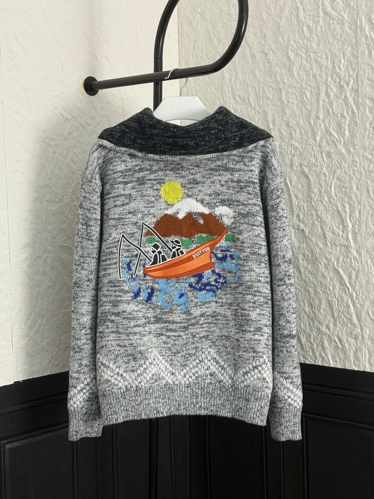 Louis Vuitton grey knit sweater with colorful front graphic and long sleeves